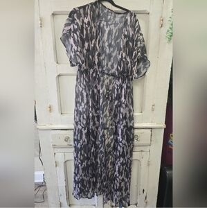 Size Medium Sheer Swim Coverup Neutral Long Flowy Tie Waist Beach Short Sleeved